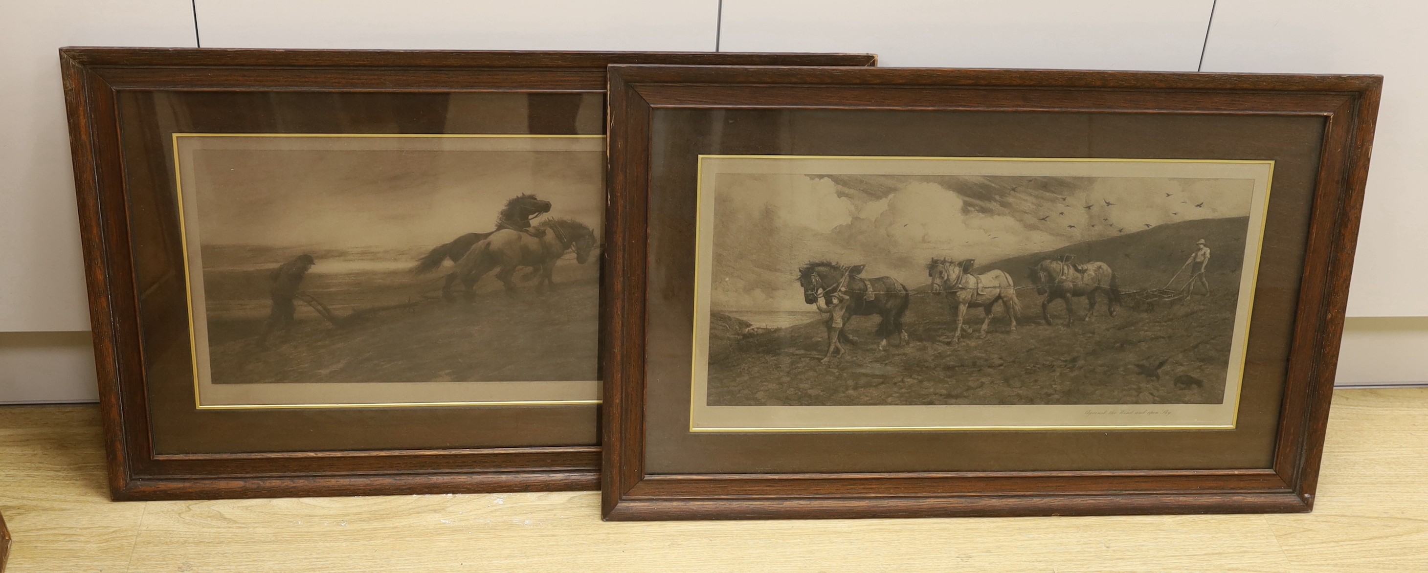 Herbert Thomas Dicksee (1862-1942), pair of photolithographs, 'The Last Furrow' and 'Against the wind and open sky', sheet overall 29 x 59cm